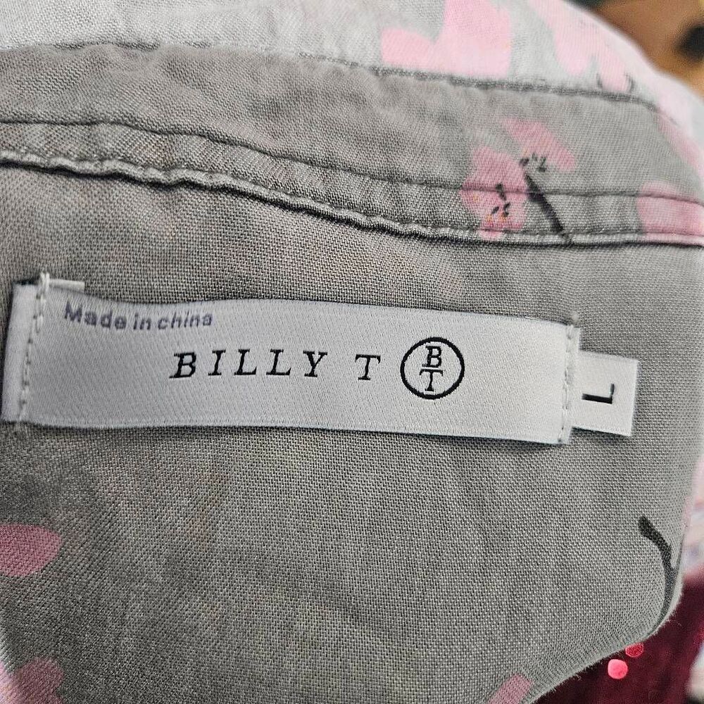 Billy T gray lyocell button-down blouse featuring an all-over pink cherry blosso - Picture 6 of 6